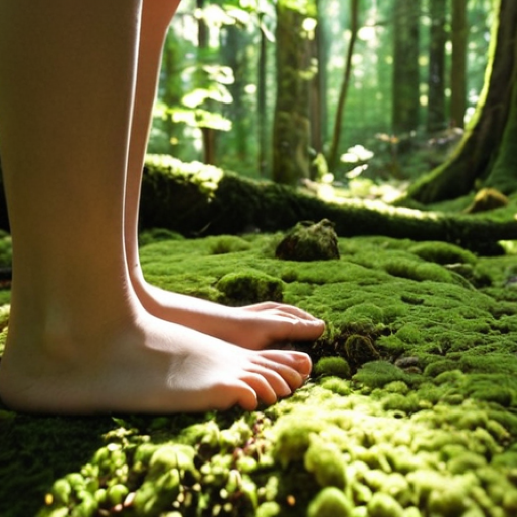 **A serene forest scene with dappled sunlight filtering through the leaves. A child is barefoot, gently touching moss, embodying mindfulness and connection with nature. The overall feeling is calming and stress-reducing.**