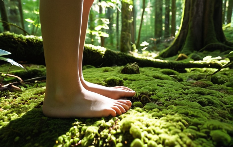 **A serene forest scene with dappled sunlight filtering through the leaves. A child is barefoot, gently touching moss, embodying mindfulness and connection with nature. The overall feeling is calming and stress-reducing.**