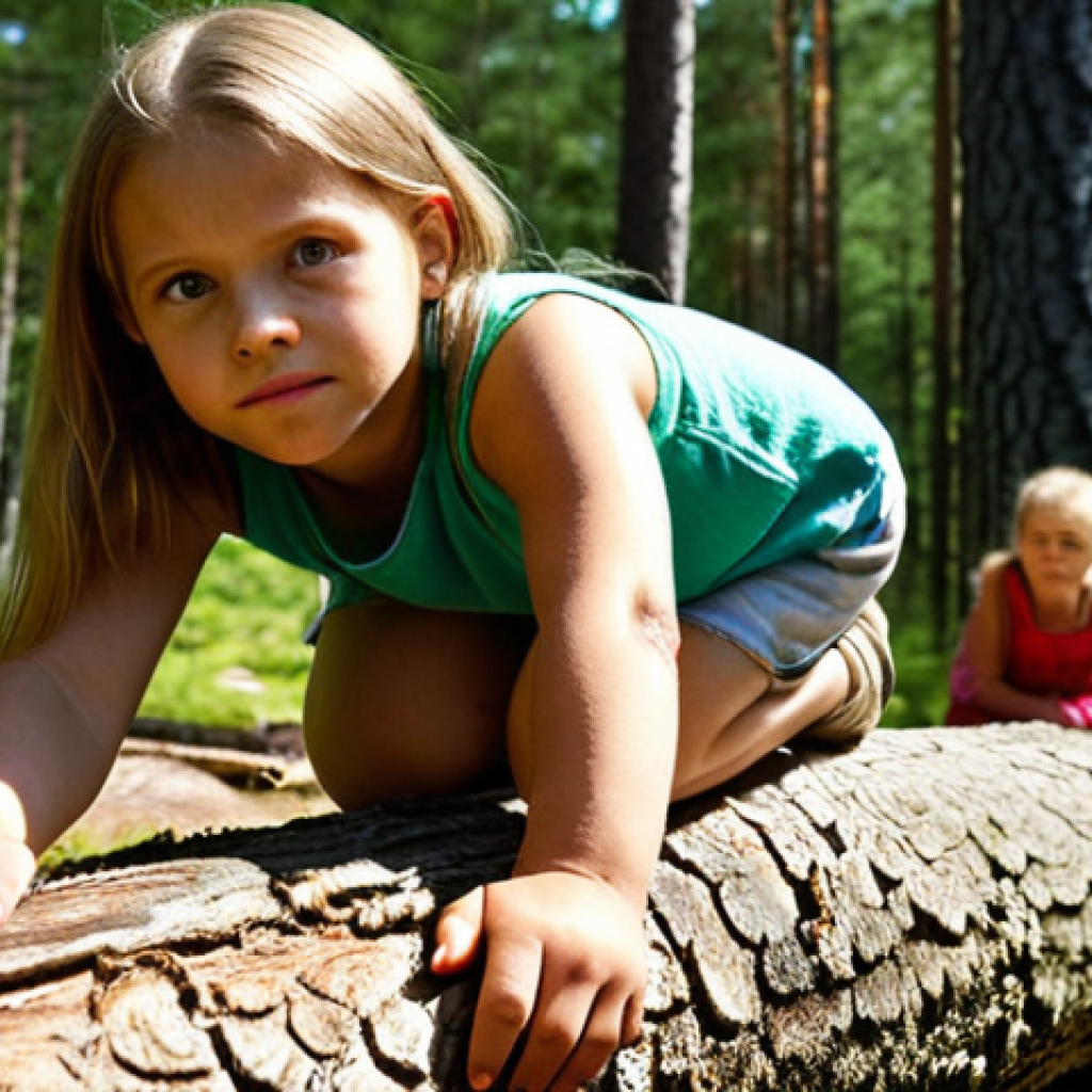 **Image Prompt:** A young girl confidently climbing over a fallen log in a sun-dappled Swedish forest, with her proud mother looking on. Focus on the girl's determined expression and the lush green environment.