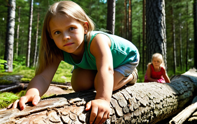 **Image Prompt:** A young girl confidently climbing over a fallen log in a sun-dappled Swedish forest, with her proud mother looking on. Focus on the girl's determined expression and the lush green environment.